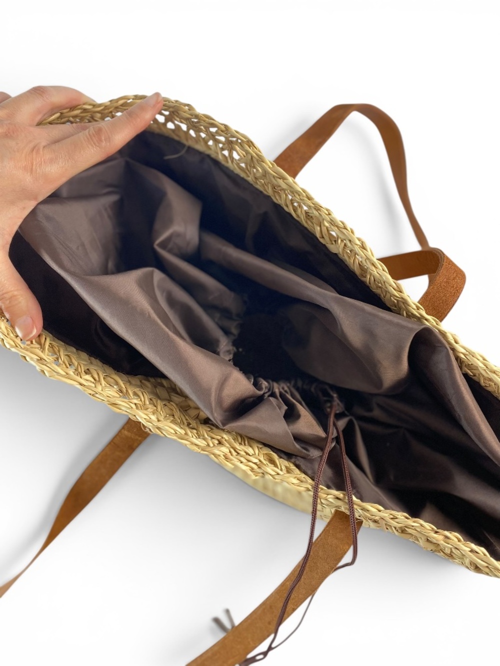 French Market Basket Tote | Woven Straw & Leather Straps | Drawstring Closure - Picture 4 of 7